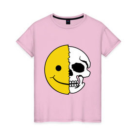 Женская футболка хлопок с принтом Смайлик-черепок в Тюмени, 100% хлопок | прямой крой, круглый вырез горловины, длина до линии бедер, слегка спущенное плечо | скелет