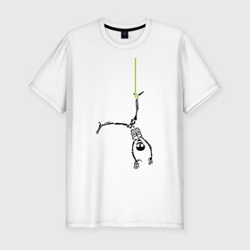 Мужская футболка премиум с принтом Висячий скелетик в Тюмени, 92% хлопок, 8% лайкра | приталенный силуэт, круглый вырез ворота, длина до линии бедра, короткий рукав | Тематика изображения на принте: скелет