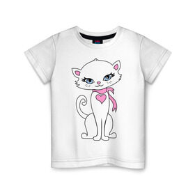 Детская футболка хлопок с принтом Кошечка в Тюмени, 100% хлопок | круглый вырез горловины, полуприлегающий силуэт, длина до линии бедер | белая | грация | изящная | киса | кошечка | милая | ошейник | сердечко