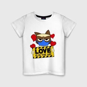 Детская футболка хлопок с принтом Любовь в воздухе в Тюмени, 100% хлопок | круглый вырез горловины, полуприлегающий силуэт, длина до линии бедер | air | cat | grumpy | love | воздух | кот | любовь | недовольный | повязка | респиратор | хмурый