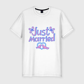 Мужская футболка премиум с принтом Just married blue в Тюмени, 92% хлопок, 8% лайкра | приталенный силуэт, круглый вырез ворота, длина до линии бедра, короткий рукав | just married | брак | голубки | жених | кольца | молодожены | невеста | свадьба | супруги