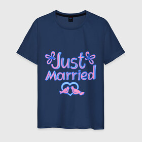 Мужская футболка хлопок с принтом Just married blue в Тюмени, 100% хлопок | прямой крой, круглый вырез горловины, длина до линии бедер, слегка спущенное плечо. | just married | брак | голубки | жених | кольца | молодожены | невеста | свадьба | супруги