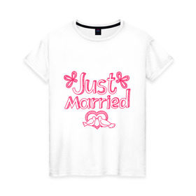 Женская футболка хлопок с принтом Just married pink в Тюмени, 100% хлопок | прямой крой, круглый вырез горловины, длина до линии бедер, слегка спущенное плечо | just married | брак | голубки | жених | кольца | молодожены | невеста | свадьба | супруги