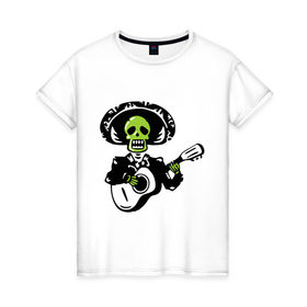 Женская футболка хлопок с принтом Мертвый музыкант в Тюмени, 100% хлопок | прямой крой, круглый вырез горловины, длина до линии бедер, слегка спущенное плечо | гитара | скелет