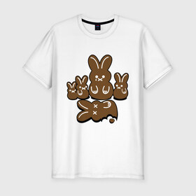 Мужская футболка премиум с принтом Шоколадные кролики в Тюмени, 92% хлопок, 8% лайкра | приталенный силуэт, круглый вырез ворота, длина до линии бедра, короткий рукав | chocolate | death | rabbit | еда | зайцы | заяц | зверь | кролик | шоколад