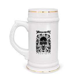 Кружка пивная с принтом Megadeth thirteen в Тюмени,  керамика (Материал выдерживает высокую температуру, стоит избегать резкого перепада температур) |  объем 630 мл | Тематика изображения на принте: megadeth