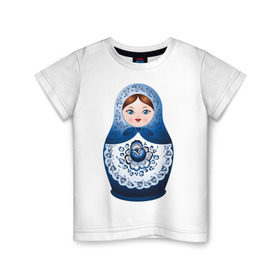 Детская футболка хлопок с принтом Матрешка Гжель в Тюмени, 100% хлопок | круглый вырез горловины, полуприлегающий силуэт, длина до линии бедер | Тематика изображения на принте: русь