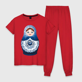 Женская пижама хлопок с принтом Матрешка Гжель в Тюмени, 100% хлопок | брюки и футболка прямого кроя, без карманов, на брюках мягкая резинка на поясе и по низу штанин | русь