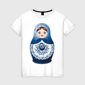 Женская футболка хлопок с принтом Матрешка Гжель в Тюмени, 100% хлопок | прямой крой, круглый вырез горловины, длина до линии бедер, слегка спущенное плечо | русь
