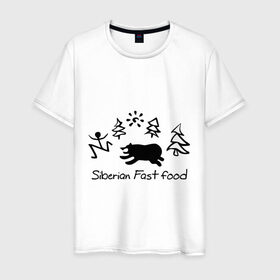 Мужская футболка хлопок с принтом Siberian Fast food в Тюмени, 100% хлопок | прямой крой, круглый вырез горловины, длина до линии бедер, слегка спущенное плечо. | Тематика изображения на принте: siberia fastfood | елки | фастфуд