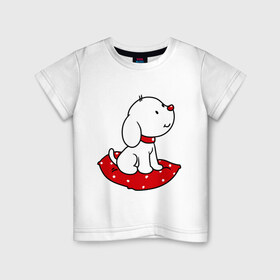 Детская футболка хлопок с принтом Собачка на подушке в Тюмени, 100% хлопок | круглый вырез горловины, полуприлегающий силуэт, длина до линии бедер | Тематика изображения на принте: милый | пес | подушка | собака | щенок
