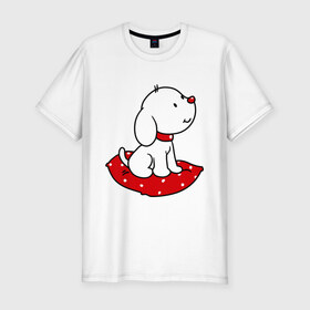 Мужская футболка премиум с принтом Собачка на подушке в Тюмени, 92% хлопок, 8% лайкра | приталенный силуэт, круглый вырез ворота, длина до линии бедра, короткий рукав | милый | пес | подушка | собака | щенок