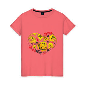 Женская футболка хлопок с принтом Сердце России в Тюмени, 100% хлопок | прямой крой, круглый вырез горловины, длина до линии бедер, слегка спущенное плечо | роспись | россия | русский | сердце | хохлома