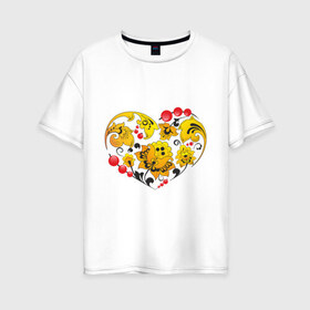 Женская футболка хлопок Oversize с принтом Сердце России в Тюмени, 100% хлопок | свободный крой, круглый ворот, спущенный рукав, длина до линии бедер
 | роспись | россия | русский | сердце | хохлома