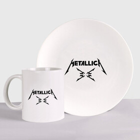 Набор: тарелка + кружка с принтом Metallica в Тюмени, керамика | Кружка: объем — 330 мл, диаметр — 80 мм. Принт наносится на бока кружки, можно сделать два разных изображения. 
Тарелка: диаметр - 210 мм, диаметр для нанесения принта - 120 мм. | металлика
