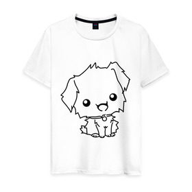 Мужская футболка хлопок с принтом Милый песик в Тюмени, 100% хлопок | прямой крой, круглый вырез горловины, длина до линии бедер, слегка спущенное плечо. | маленький | милый | пес | пушистый | собака | щенок