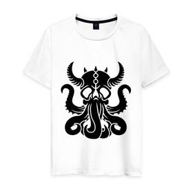 Мужская футболка хлопок с принтом Морской демон в Тюмени, 100% хлопок | прямой крой, круглый вырез горловины, длина до линии бедер, слегка спущенное плечо. | демон | ктулху | море | океан | рога | тентакль