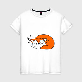 Женская футболка хлопок с принтом Спящий лисёнок в Тюмени, 100% хлопок | прямой крой, круглый вырез горловины, длина до линии бедер, слегка спущенное плечо | лиса