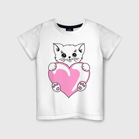 Детская футболка хлопок с принтом Котеночек с сердечком в Тюмени, 100% хлопок | круглый вырез горловины, полуприлегающий силуэт, длина до линии бедер | киса | киска | котейка | котенок | котя | кошечка | кошка | лапочка | сердечко | сердце