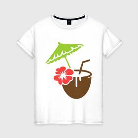 Женская футболка хлопок с принтом Коктейль в Тюмени, 100% хлопок | прямой крой, круглый вырез горловины, длина до линии бедер, слегка спущенное плечо | зонтик | кокос | коктейль | лето | море | отпуск | пляж