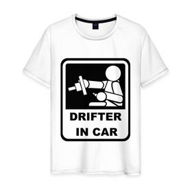 Мужская футболка хлопок с принтом Drifter in car в Тюмени, 100% хлопок | прямой крой, круглый вырез горловины, длина до линии бедер, слегка спущенное плечо. | Тематика изображения на принте: дрифт