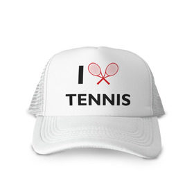 Кепка тракер с сеткой с принтом I Love Tennis в Тюмени, трикотажное полотно; задняя часть — сетка | длинный козырек, универсальный размер, пластиковая застежка | ракетка | тенис | теннис | теннисист