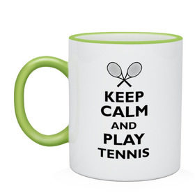 Кружка двухцветная с принтом Play tennis в Тюмени, керамика | объем — 330 мл, диаметр — 80 мм. Цветная ручка и кайма сверху, в некоторых цветах — вся внутренняя часть | ракетка | тенис | теннис | теннисист
