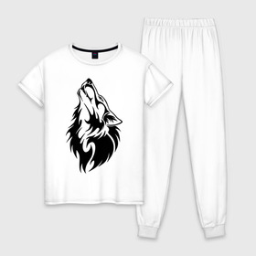 Женская пижама хлопок с принтом Воющий волк в Тюмени, 100% хлопок | брюки и футболка прямого кроя, без карманов, на брюках мягкая резинка на поясе и по низу штанин | воет | вой | волк | голова
