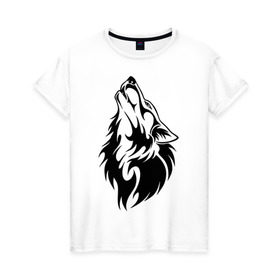 Женская футболка хлопок с принтом Воющий волк в Тюмени, 100% хлопок | прямой крой, круглый вырез горловины, длина до линии бедер, слегка спущенное плечо | воет | вой | волк | голова