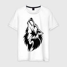 Мужская футболка хлопок с принтом Воющий волк в Тюмени, 100% хлопок | прямой крой, круглый вырез горловины, длина до линии бедер, слегка спущенное плечо. | Тематика изображения на принте: воет | вой | волк | голова
