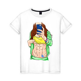 Женская футболка хлопок с принтом Фитоняша в Тюмени, 100% хлопок | прямой крой, круглый вырез горловины, длина до линии бедер, слегка спущенное плечо | детка | пресс | присед | спорт | спортсменка | фитоняша | фитоняшка