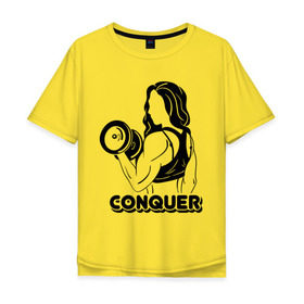 Мужская футболка хлопок Oversize с принтом Conquer в Тюмени, 100% хлопок | свободный крой, круглый ворот, “спинка” длиннее передней части | conquer | детка | качок | мышцы | спорт | спортсменка | фитоняша | фитоняшка | штанга