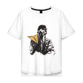 Мужская футболка хлопок Oversize с принтом Пилот в Тюмени, 100% хлопок | свободный крой, круглый ворот, “спинка” длиннее передней части | авиатор | бумажный | пилот | самолет | шлем