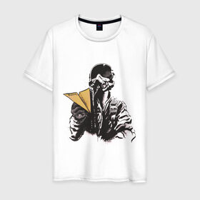 Мужская футболка хлопок с принтом Пилот в Тюмени, 100% хлопок | прямой крой, круглый вырез горловины, длина до линии бедер, слегка спущенное плечо. | Тематика изображения на принте: авиатор | бумажный | пилот | самолет | шлем