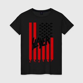 Женская футболка хлопок с принтом Slayer flag в Тюмени, 100% хлопок | прямой крой, круглый вырез горловины, длина до линии бедер, слегка спущенное плечо | flag | slayer | америка | музыка | рок | сша | флаг
