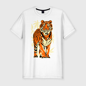 Мужская футболка премиум с принтом Тигр в Тюмени, 92% хлопок, 8% лайкра | приталенный силуэт, круглый вырез ворота, длина до линии бедра, короткий рукав | Тематика изображения на принте: tiger | бамбук | тигр | хищник