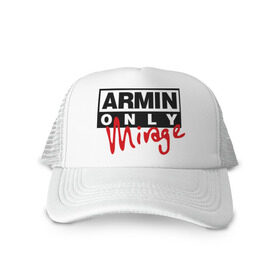 Кепка тракер с сеткой с принтом Armin only - mirage в Тюмени, трикотажное полотно; задняя часть — сетка | длинный козырек, универсальный размер, пластиковая застежка | addicted | buuren | mirage | van | аrmin