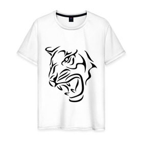 Мужская футболка хлопок с принтом Тату голова тигра в Тюмени, 100% хлопок | прямой крой, круглый вырез горловины, длина до линии бедер, слегка спущенное плечо. | Тематика изображения на принте: голова | тату | тигр
