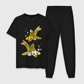 Мужская пижама хлопок с принтом Золотые рыбки в Тюмени, 100% хлопок | брюки и футболка прямого кроя, без карманов, на брюках мягкая резинка на поясе и по низу штанин
 | две | золото | пара | рыбки