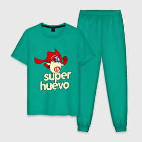 Мужская пижама хлопок с принтом Super Huevo в Тюмени, 100% хлопок | брюки и футболка прямого кроя, без карманов, на брюках мягкая резинка на поясе и по низу штанин
 | huevo | super | герой | супер
