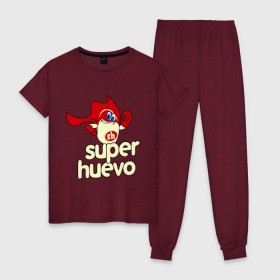 Женская пижама хлопок с принтом Super Huevo в Тюмени, 100% хлопок | брюки и футболка прямого кроя, без карманов, на брюках мягкая резинка на поясе и по низу штанин | huevo | super | герой | супер