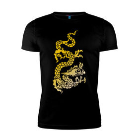 Мужская футболка премиум с принтом Золотой дракон в Тюмени, 92% хлопок, 8% лайкра | приталенный силуэт, круглый вырез ворота, длина до линии бедра, короткий рукав | дракон | золотой | китайский | тату