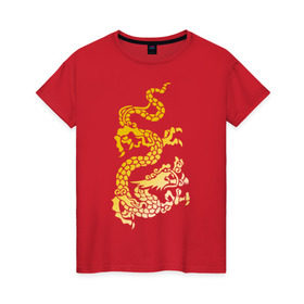 Женская футболка хлопок с принтом Золотой дракон в Тюмени, 100% хлопок | прямой крой, круглый вырез горловины, длина до линии бедер, слегка спущенное плечо | дракон | золотой | китайский | тату