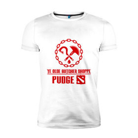 Мужская футболка премиум с принтом Hook Pudge Dota2 в Тюмени, 92% хлопок, 8% лайкра | приталенный силуэт, круглый вырез ворота, длина до линии бедра, короткий рукав | butcher | chain | dota | hook | pudgee | shoppe | дота | крюк | мясник | пудж | цепь