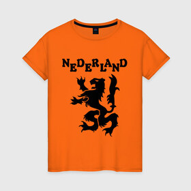 Женская футболка хлопок с принтом Сборная Голландии по Футболу в Тюмени, 100% хлопок | прямой крой, круглый вырез горловины, длина до линии бедер, слегка спущенное плечо | nederland | герб | голландия | нидерланды | сборная | символ | футбол