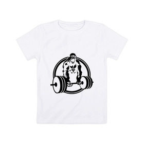 Детская футболка хлопок с принтом Горилла со штангой в Тюмени, 100% хлопок | круглый вырез горловины, полуприлегающий силуэт, длина до линии бедер | горилла | кач | спорт | штанга