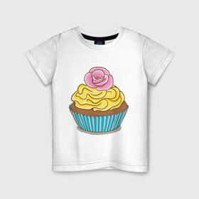 Детская футболка хлопок с принтом Кекс с розочкой в Тюмени, 100% хлопок | круглый вырез горловины, полуприлегающий силуэт, длина до линии бедер | выпечка | для девушек | еда | кекс | кексик | маффин | рисунок