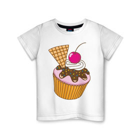 Детская футболка хлопок с принтом Кекс с вишней в Тюмени, 100% хлопок | круглый вырез горловины, полуприлегающий силуэт, длина до линии бедер | вафля | вишенка | выпечка | для девшек | еда | кекс | кексик | маффин | рисунок