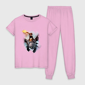 Женская пижама хлопок с принтом Как приручить дракона в Тюмени, 100% хлопок | брюки и футболка прямого кроя, без карманов, на брюках мягкая резинка на поясе и по низу штанин | дракон | как приручить дракона | мультфильм
