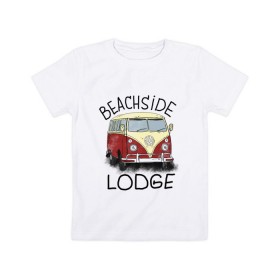 Детская футболка хлопок с принтом Beachside lodge в Тюмени, 100% хлопок | круглый вырез горловины, полуприлегающий силуэт, длина до линии бедер | beachside lodge | автобус | автомобиль | лето | машина | пляж